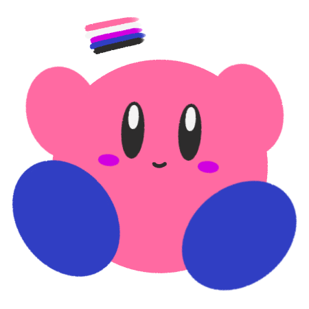 lineless art of kirby with the genderfluid colors. his body is pink, his cheeks are purple, his eyes are black and white, and his feet are blue. the flag itself is above him.